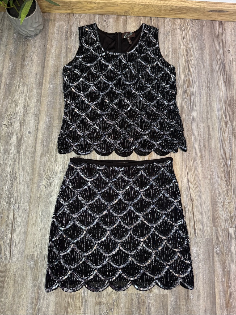 Camille La Vie Black Beaded Scallop Top and Mini Skirt Set Gatsby Wedding Sz 10